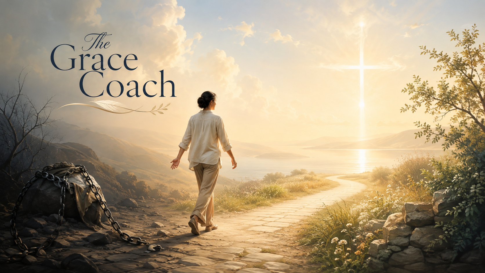 A person leaving a burdened path of spiritual striving and walking toward the light, peace, and freedom of God’s grace.