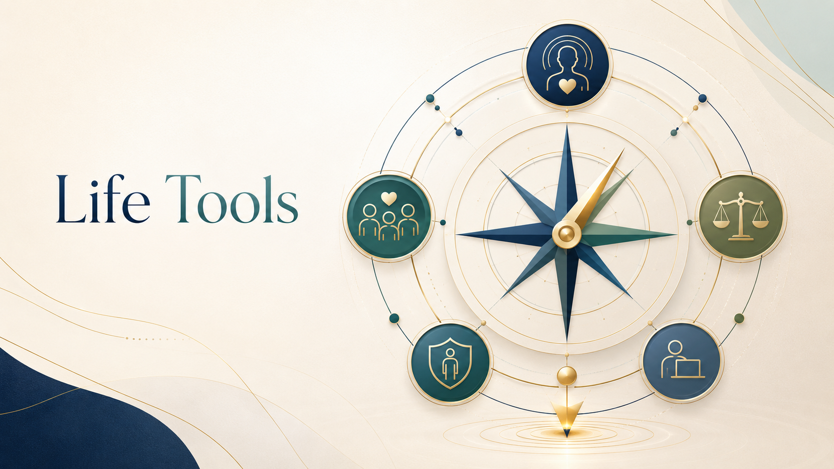 Life Tools compass-style visual representing practical guidance for emotional, family, relationship, decision, resilience, and workplace challenges.