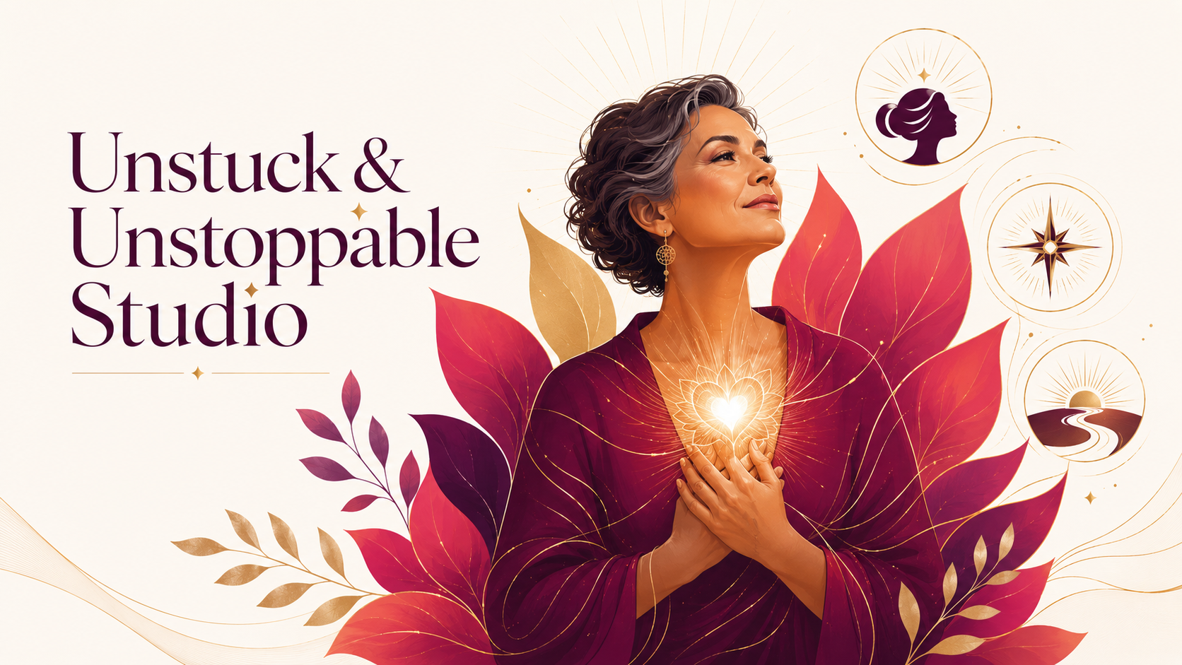 Radiant midlife woman surrounded by bold feminine petals and golden light for Unstuck & Unstoppable Studio.