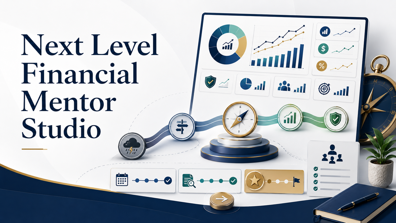 Financial advisory dashboard representing cash flow, profitability, planning, and confident business leadership in the Next Level Financial Mentor Studio.